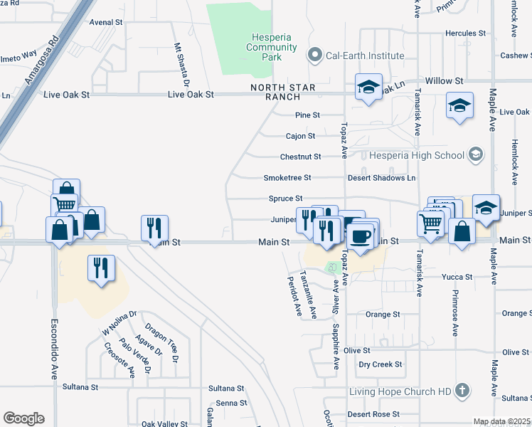 map of restaurants, bars, coffee shops, grocery stores, and more near 13880 Juniper Street in Hesperia