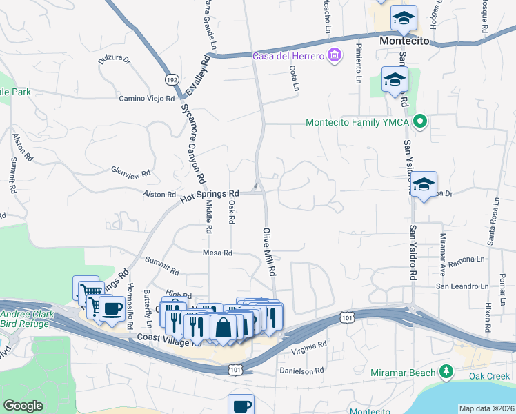 map of restaurants, bars, coffee shops, grocery stores, and more near 275 Olive Mill Road in Montecito