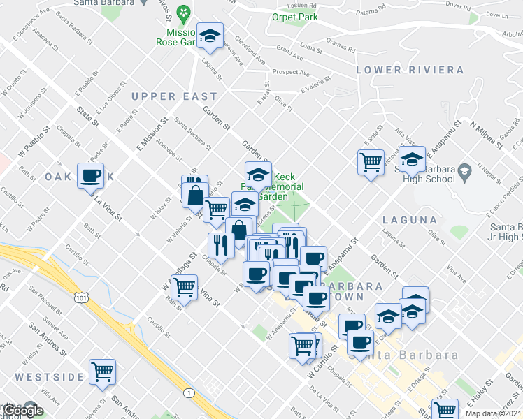 map of restaurants, bars, coffee shops, grocery stores, and more near 111 La Paz Avenue in Santa Barbara