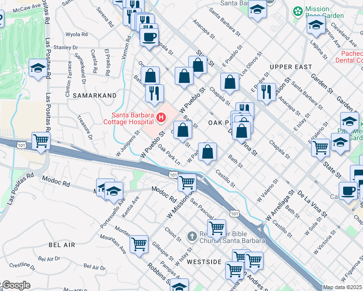 map of restaurants, bars, coffee shops, grocery stores, and more near 422 West Los Olivos Street in Santa Barbara