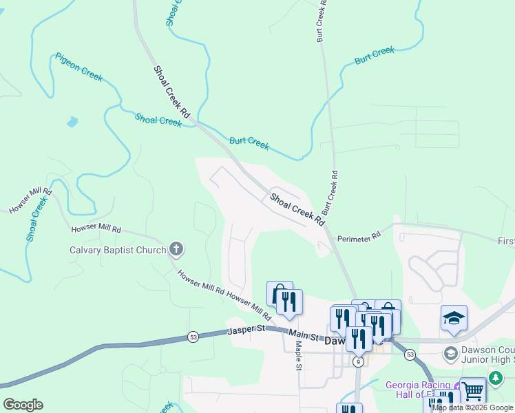 map of restaurants, bars, coffee shops, grocery stores, and more near 9 Bent Ridge Drive North in Dawsonville