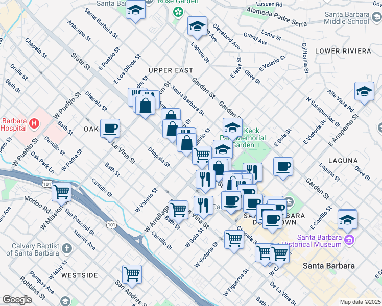 map of restaurants, bars, coffee shops, grocery stores, and more near 1634 State Street in Santa Barbara