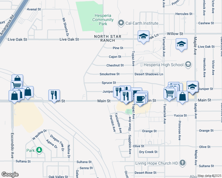 map of restaurants, bars, coffee shops, grocery stores, and more near 13950 Juniper Street in Hesperia