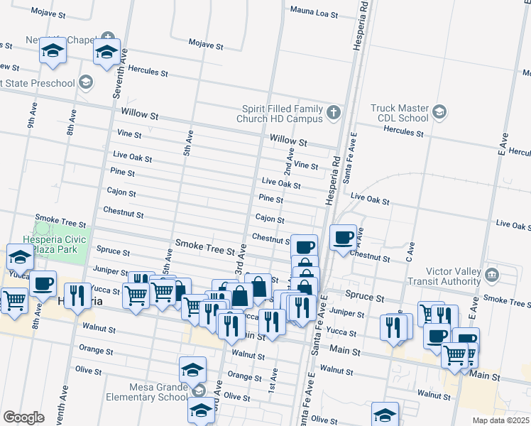 map of restaurants, bars, coffee shops, grocery stores, and more near 16436 Cajon Street in Hesperia