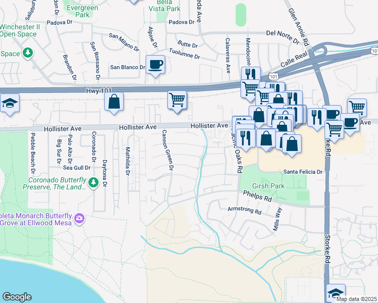 map of restaurants, bars, coffee shops, grocery stores, and more near 7328 Elmhurst Place in Goleta