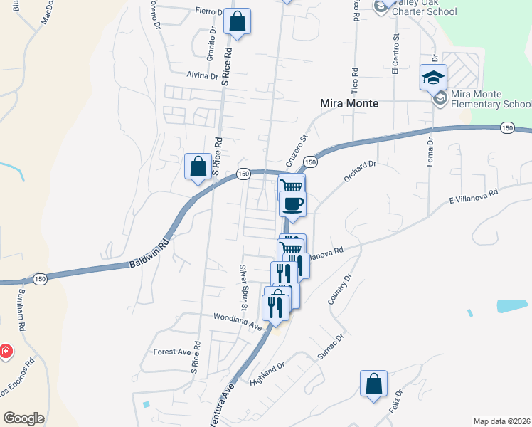 map of restaurants, bars, coffee shops, grocery stores, and more near 140 Don Ricardo Way in Ojai