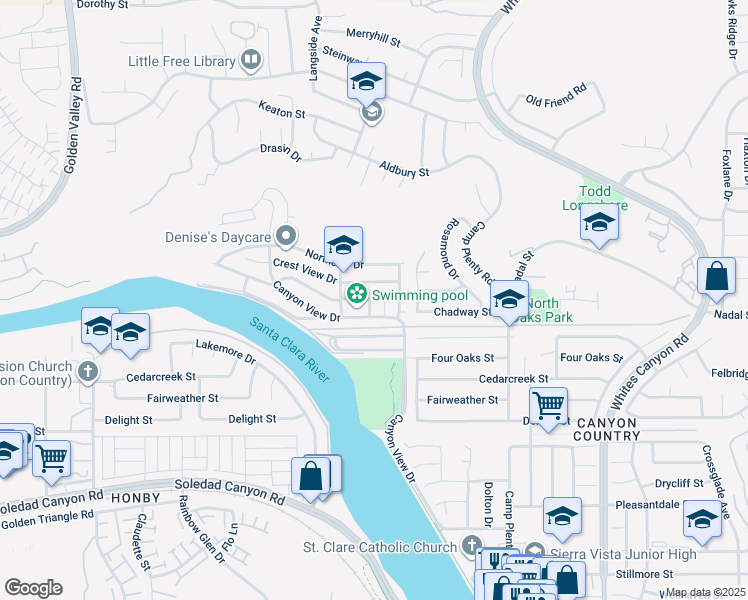 map of restaurants, bars, coffee shops, grocery stores, and more near 27828 Spyglass Lane in Santa Clarita