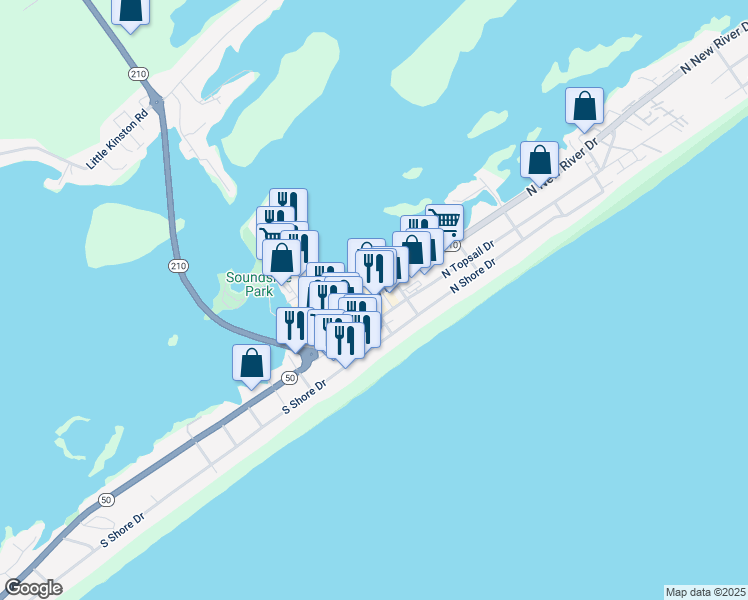 map of restaurants, bars, coffee shops, grocery stores, and more near 218 New Home Place in Surf City