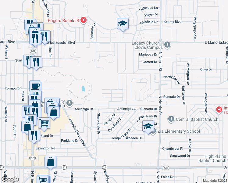 map of restaurants, bars, coffee shops, grocery stores, and more near 1604 Bosc Court in Clovis
