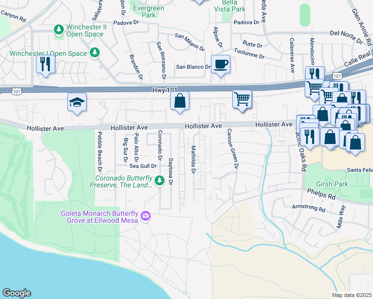 map of restaurants, bars, coffee shops, grocery stores, and more near 217 Mathilda Drive in Goleta