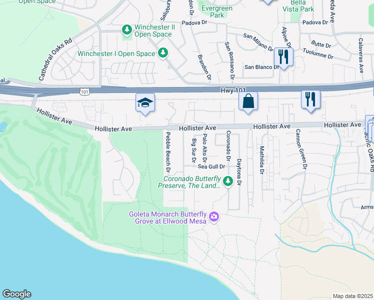 map of restaurants, bars, coffee shops, grocery stores, and more near 267 Santa Barbara Shores Drive in Goleta