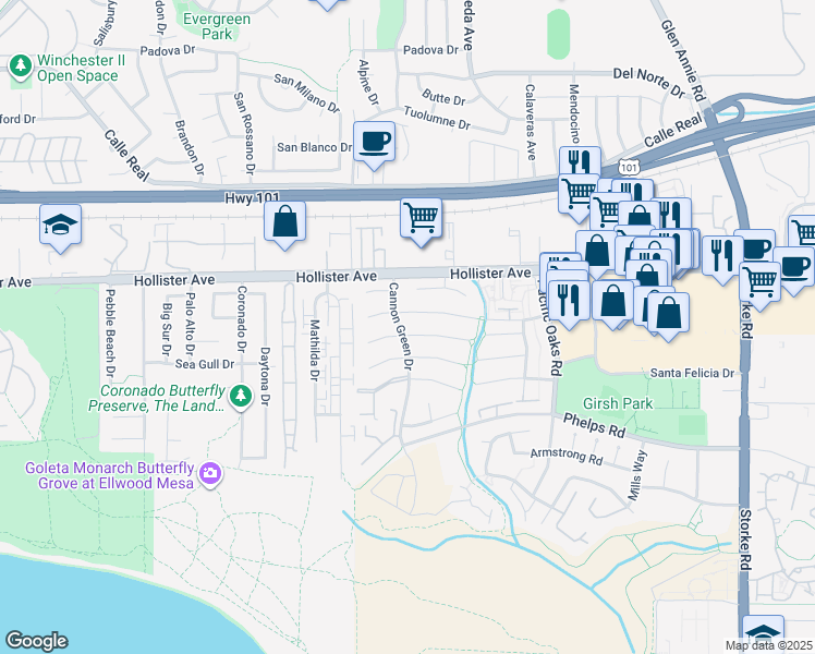 map of restaurants, bars, coffee shops, grocery stores, and more near 7360 Elmhurst Place in Goleta