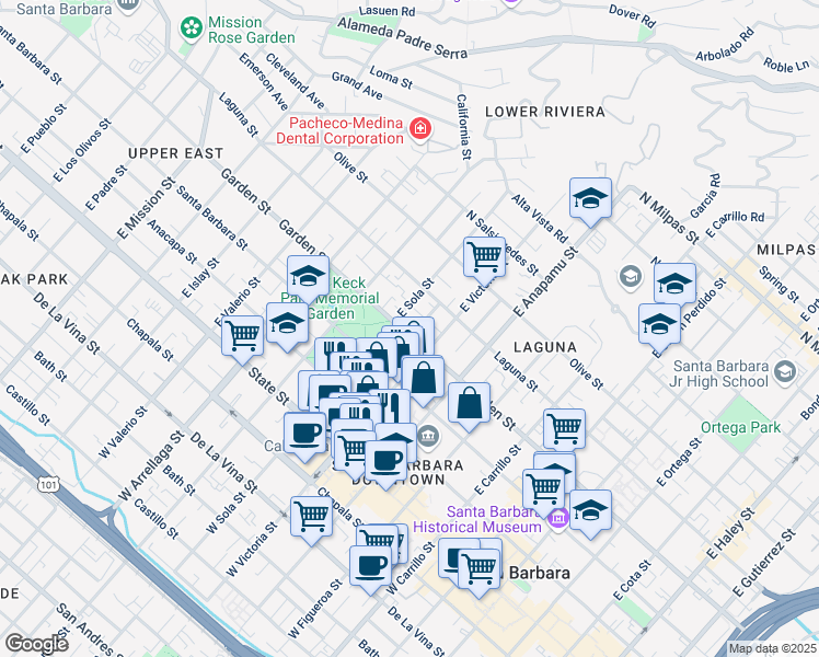 map of restaurants, bars, coffee shops, grocery stores, and more near 1324 Garden Street in Santa Barbara