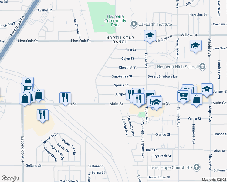 map of restaurants, bars, coffee shops, grocery stores, and more near 13880 Juniper Street in Hesperia