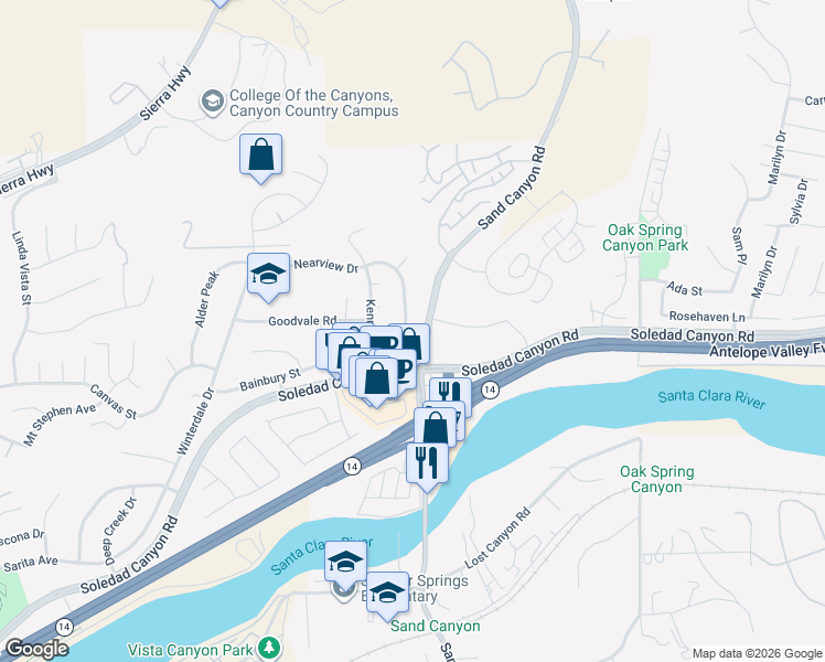 map of restaurants, bars, coffee shops, grocery stores, and more near 28622 Macklin Avenue in Santa Clarita