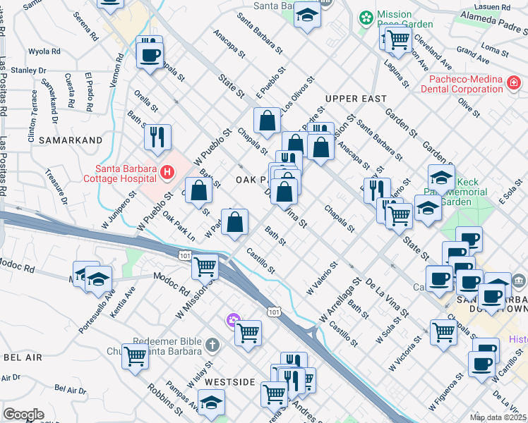 map of restaurants, bars, coffee shops, grocery stores, and more near 222 West Mission Street in Santa Barbara