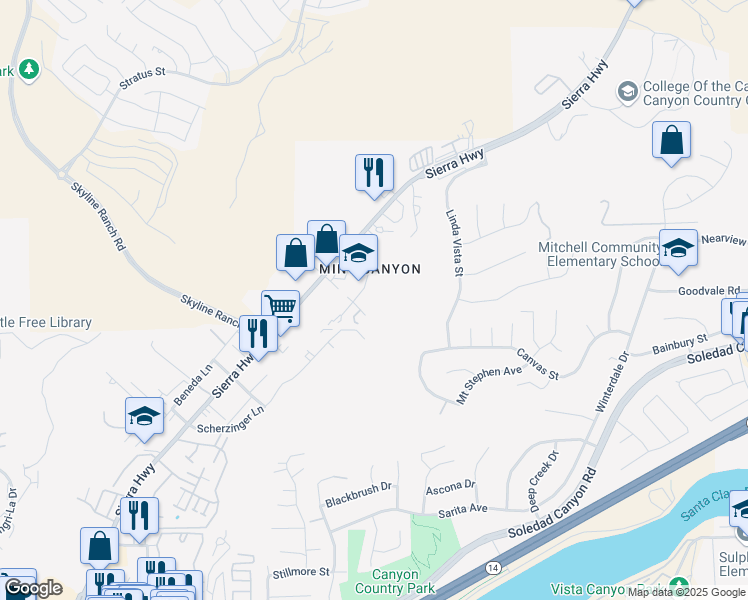 map of restaurants, bars, coffee shops, grocery stores, and more near 28214 Sierra Cross Avenue in Santa Clarita