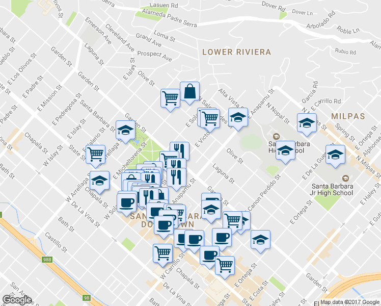 map of restaurants, bars, coffee shops, grocery stores, and more near 322 East Victoria Street in Santa Barbara