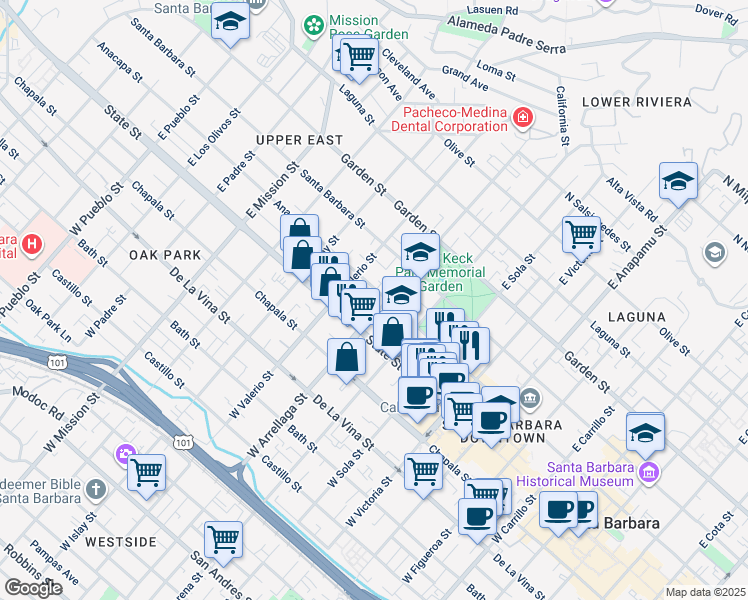 map of restaurants, bars, coffee shops, grocery stores, and more near 25 East Arrellaga Street in Santa Barbara