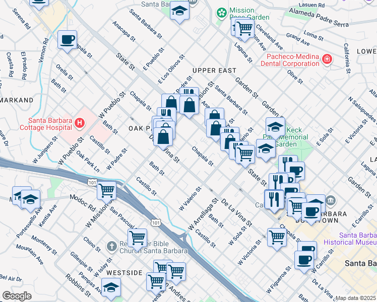 map of restaurants, bars, coffee shops, grocery stores, and more near 125 West Pedregosa Street in Santa Barbara