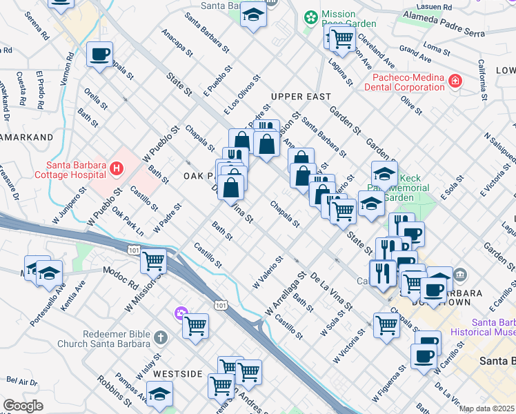 map of restaurants, bars, coffee shops, grocery stores, and more near 125 West Pedregosa Street in Santa Barbara