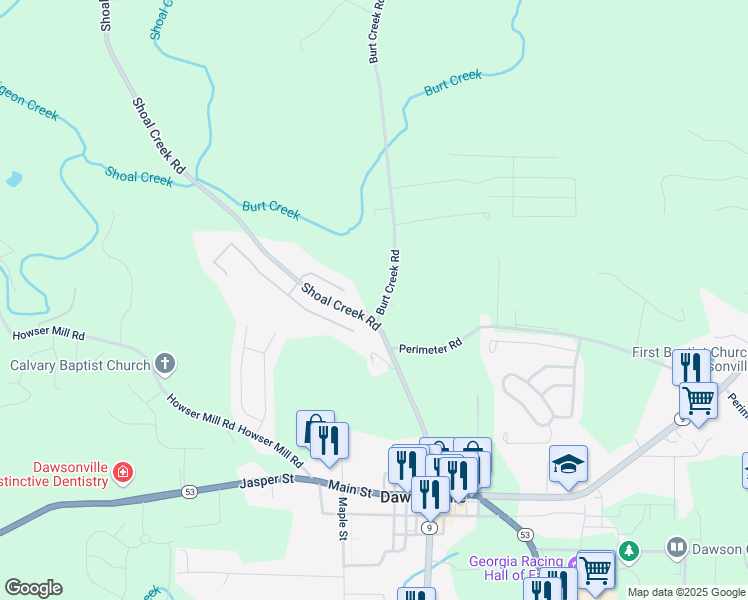 map of restaurants, bars, coffee shops, grocery stores, and more near 378 Shoal Creek Road in Dawsonville
