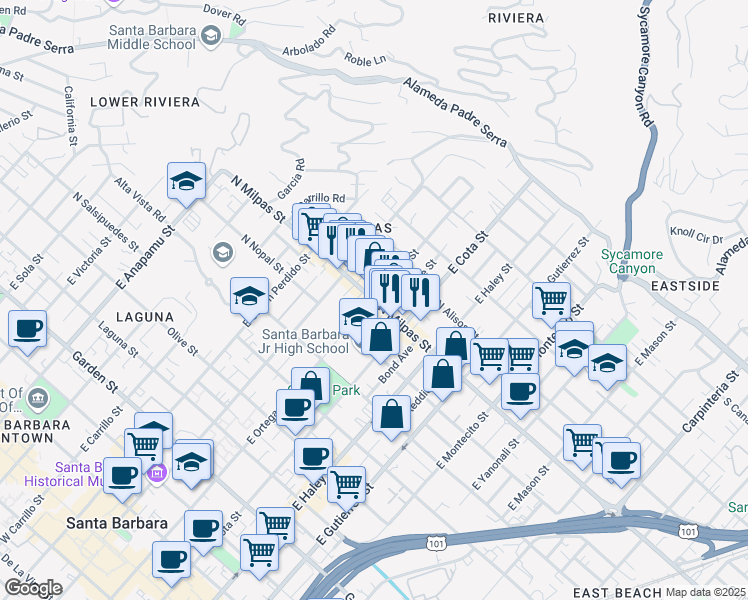 map of restaurants, bars, coffee shops, grocery stores, and more near North Milpas Street & East Ortega Street in Santa Barbara