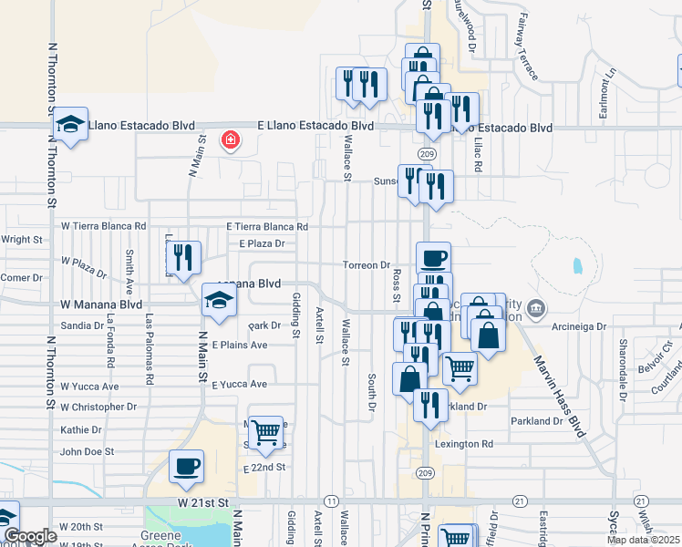 map of restaurants, bars, coffee shops, grocery stores, and more near 2920 Wallace Street in Clovis