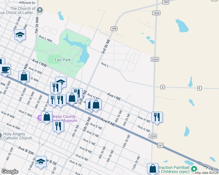 map of restaurants, bars, coffee shops, grocery stores, and more near 503 Avenue I Northeast in Childress