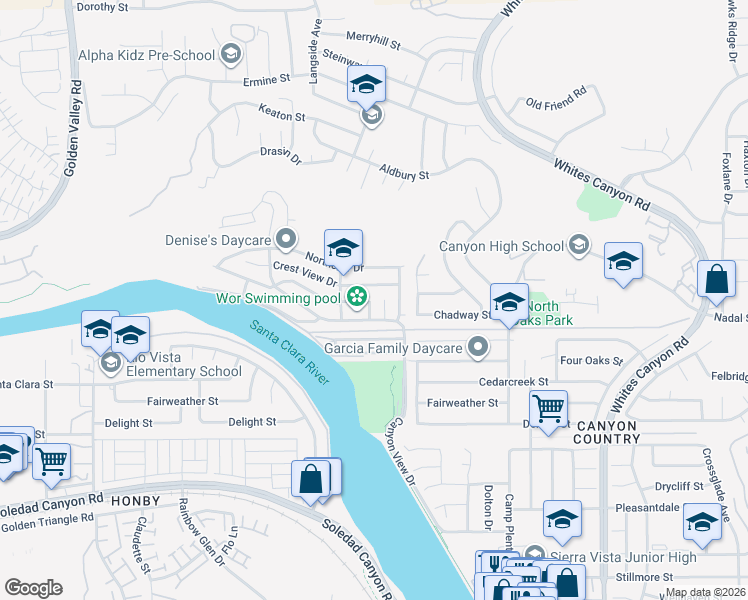 map of restaurants, bars, coffee shops, grocery stores, and more near 27828 Spyglass Lane in Santa Clarita