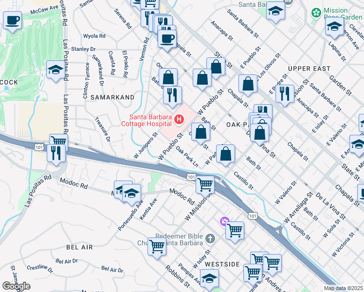 map of restaurants, bars, coffee shops, grocery stores, and more near 2227 Oak Park Lane in Santa Barbara