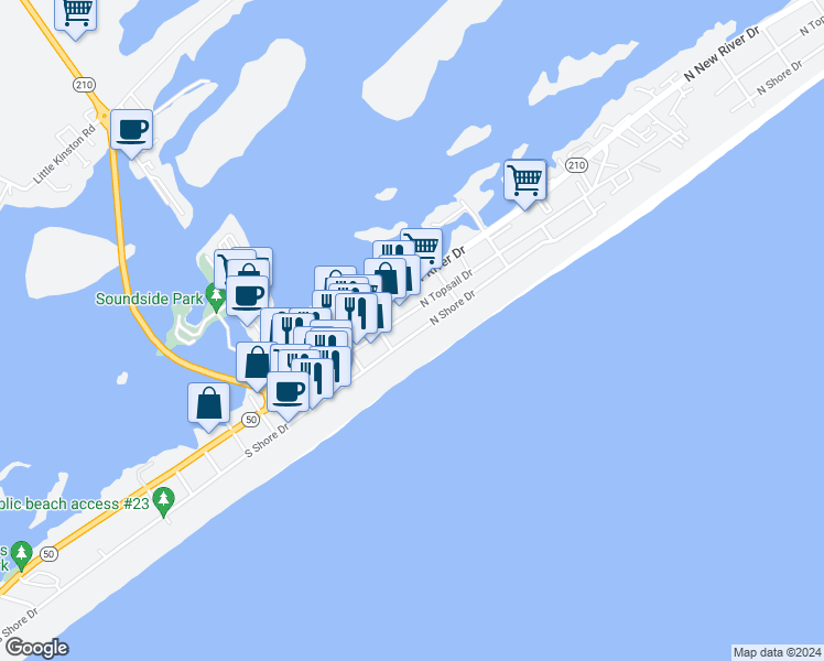 map of restaurants, bars, coffee shops, grocery stores, and more near 311 North Shore Drive in Surf City