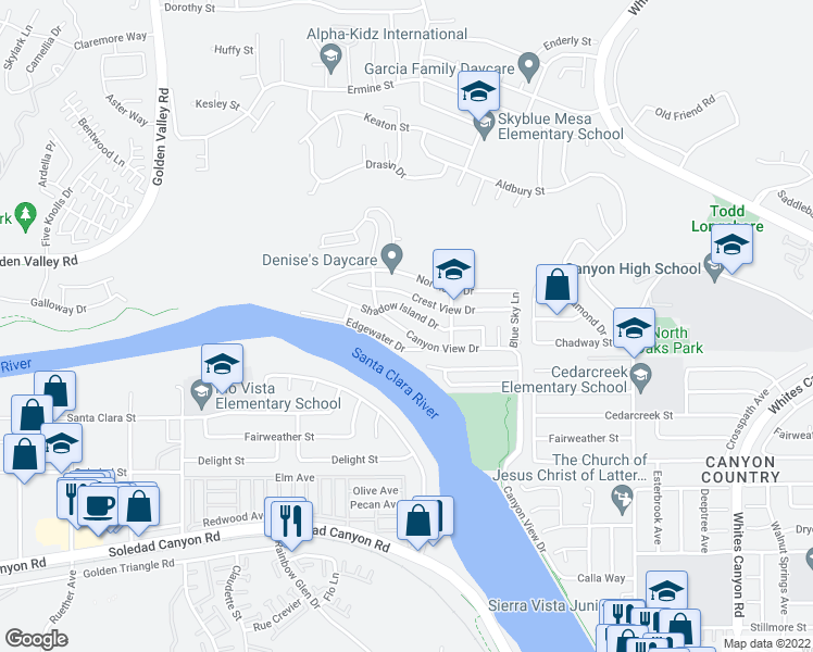 map of restaurants, bars, coffee shops, grocery stores, and more near 20049 Canyon View Drive in Santa Clarita
