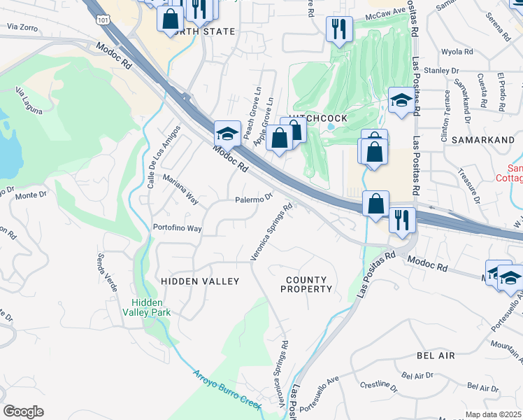 map of restaurants, bars, coffee shops, grocery stores, and more near 737 Calabria Drive in Santa Barbara