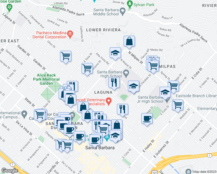 map of restaurants, bars, coffee shops, grocery stores, and more near E Figueroa St & Rinconada Rd in Santa Barbara
