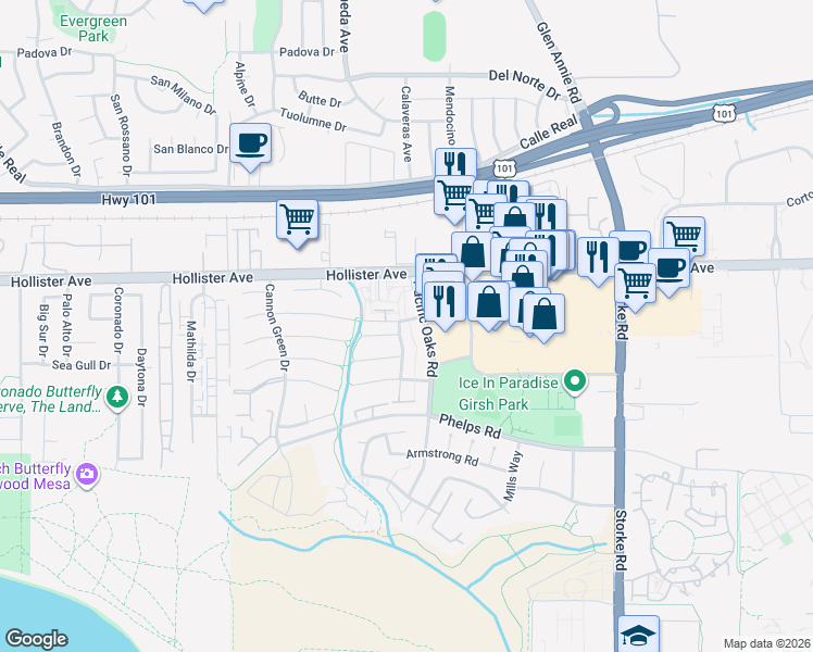 map of restaurants, bars, coffee shops, grocery stores, and more near 312 La Salle Road in Goleta