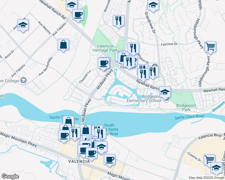 map of restaurants, bars, coffee shops, grocery stores, and more near 27058 Island Road in Santa Clarita