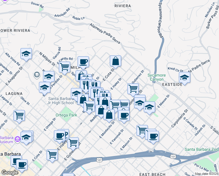 map of restaurants, bars, coffee shops, grocery stores, and more near 1009 East Haley Street in Santa Barbara