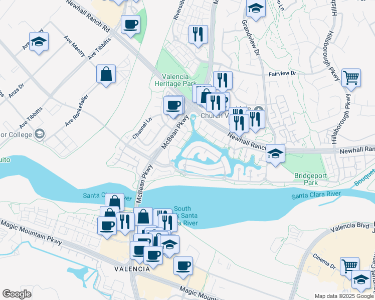 map of restaurants, bars, coffee shops, grocery stores, and more near 27052 Island Road in Santa Clarita