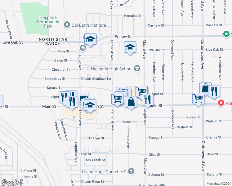 map of restaurants, bars, coffee shops, grocery stores, and more near Tamarisk Avenue in Hesperia