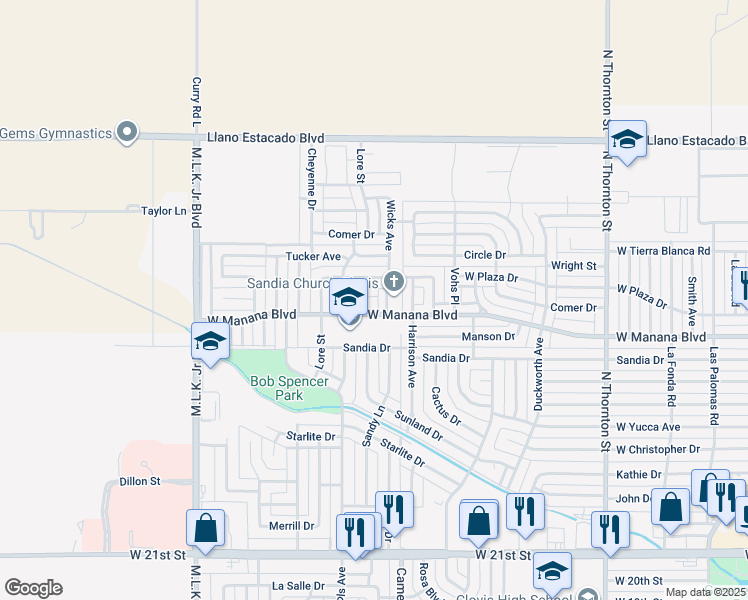 map of restaurants, bars, coffee shops, grocery stores, and more near 1200 West Manana Boulevard in Clovis