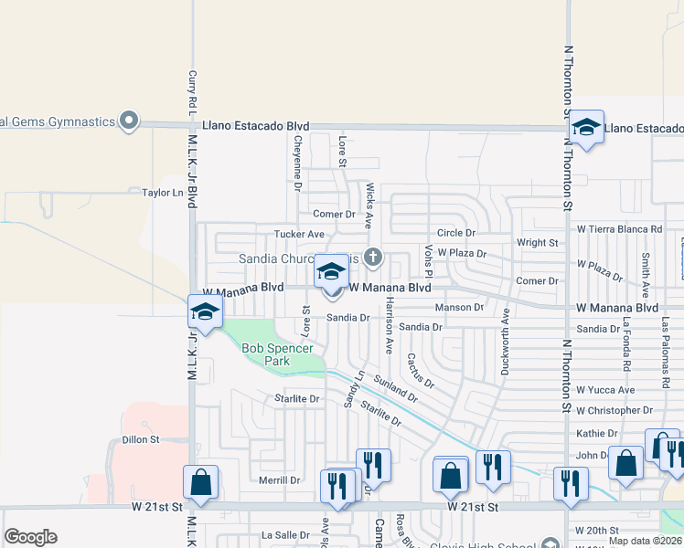 map of restaurants, bars, coffee shops, grocery stores, and more near 1200 West Manana Boulevard in Clovis