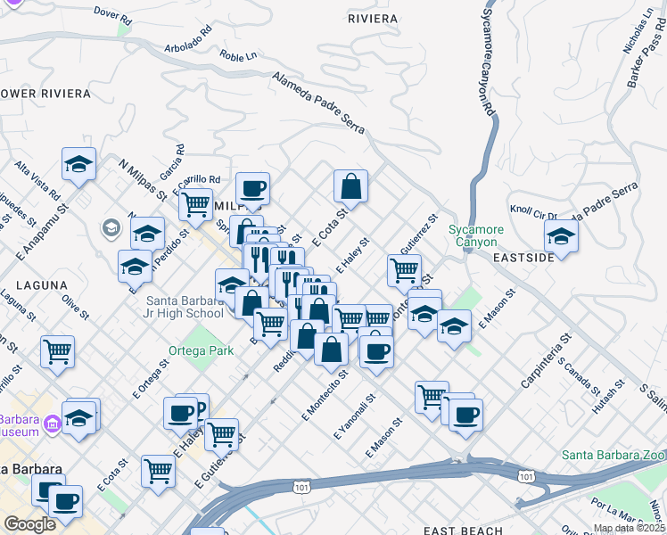 map of restaurants, bars, coffee shops, grocery stores, and more near 1009 East Haley Street in Santa Barbara