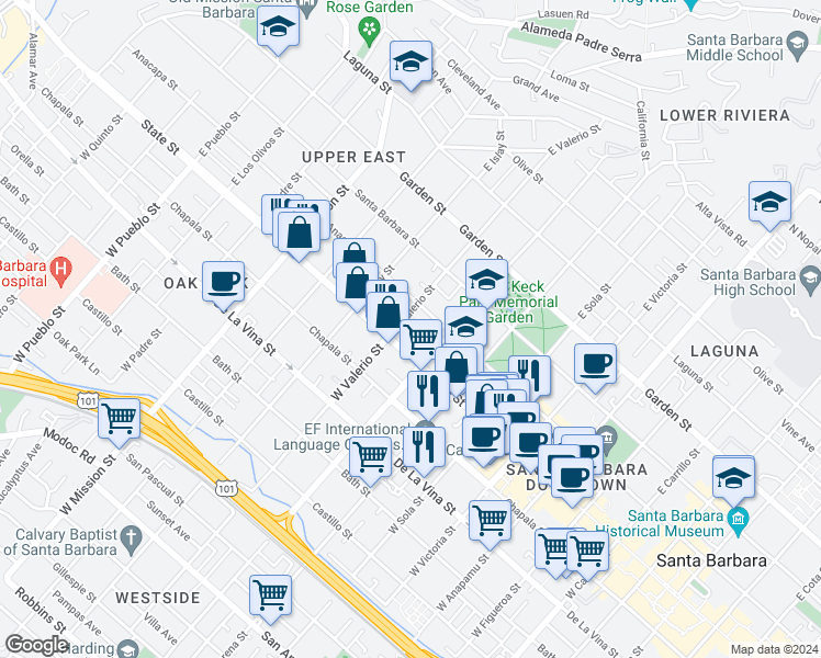 map of restaurants, bars, coffee shops, grocery stores, and more near 1634 State Street in Santa Barbara