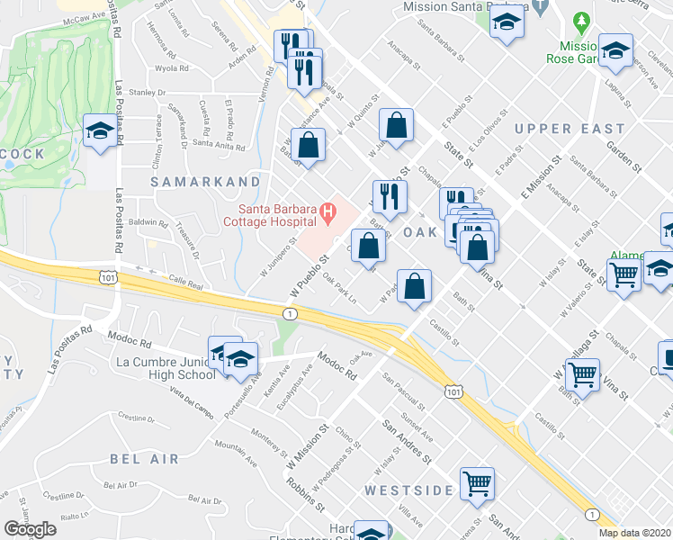 map of restaurants, bars, coffee shops, grocery stores, and more near 2227 Oak Park Lane in Santa Barbara
