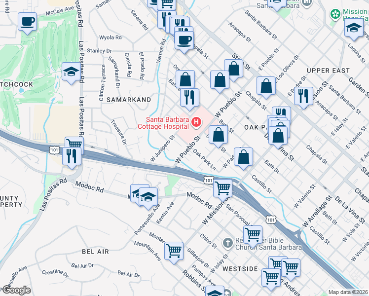 map of restaurants, bars, coffee shops, grocery stores, and more near 2227 Oak Park Lane in Santa Barbara
