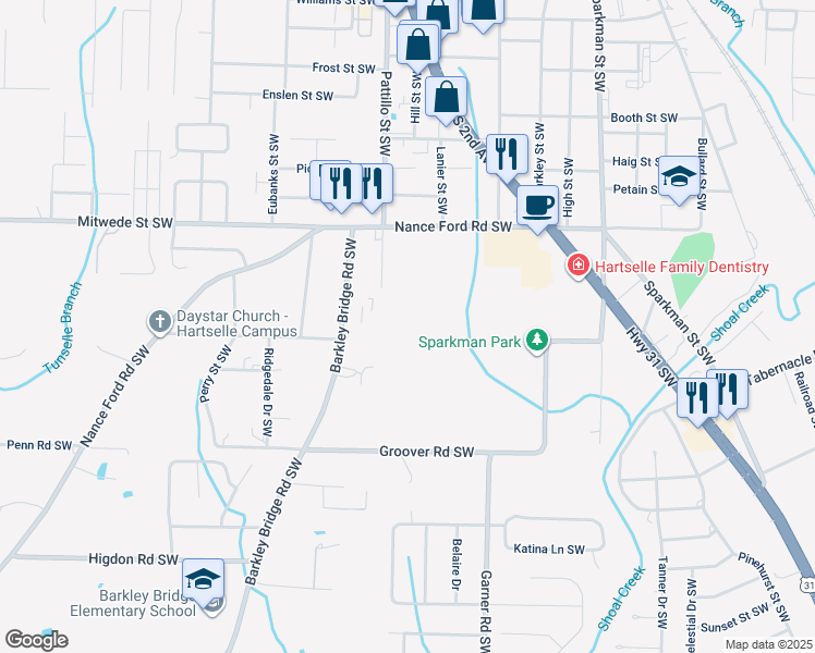map of restaurants, bars, coffee shops, grocery stores, and more near 1614 Barkley Bridge Road Southwest in Hartselle