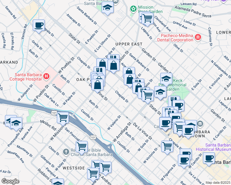 map of restaurants, bars, coffee shops, grocery stores, and more near 1805 Chapala Street in Santa Barbara