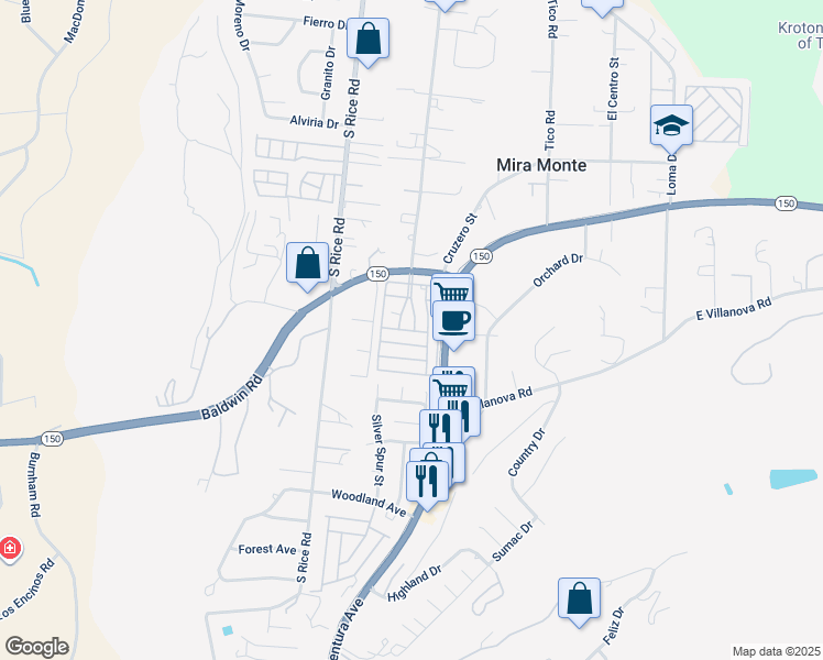 map of restaurants, bars, coffee shops, grocery stores, and more near 3 Don Antonio Way in Ojai