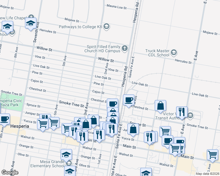 map of restaurants, bars, coffee shops, grocery stores, and more near 16535 Pine Street in Hesperia